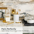 White Utensil Holder with Built-In Ceramic Spoon Rest - 2-Piece Luxe White and Gold Spatula Holder with Gold Spoon Rest for Countertop Organization - Stylish Kitchen Accessory, Utensils Not Included