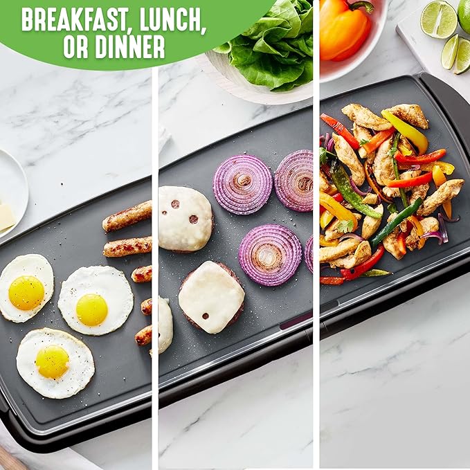 GreenLife 20” Extra Large Electric Griddle, Non-Toxic PFAS & PFOA-Free Ceramic Nonstick, Temperature Control, Quick Even Heating, Removable Drip Tray, Pancakes, Eggs, Sausage, Easy Clean, Black
