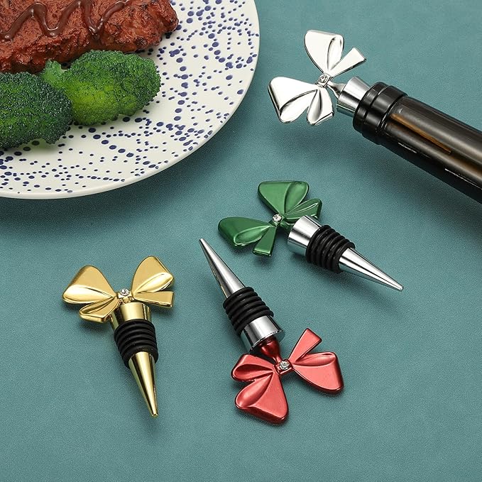 uxcell 2 Pcs Bow Wine Stopper, Reusable Wine Stoppers Airtight Leak-proof Bottle Plugs Liquor Saver Beer Beverage Glass Bottles Stopper for Bar Holiday Party Home Decor, Gold