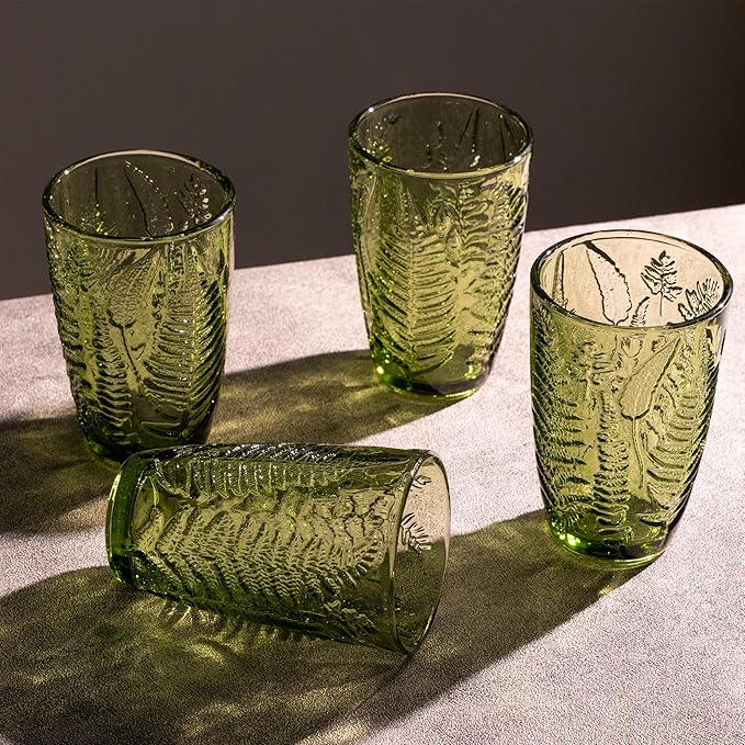Fashionstorm Green Drinking Glasses Set of 6, Green Fern Glasses Cups 12 oz, Vintage Glassware Colored Glass Cups for Beverages Cocktail Juice Wine, Drinkware Gift Set Housewarming Gift