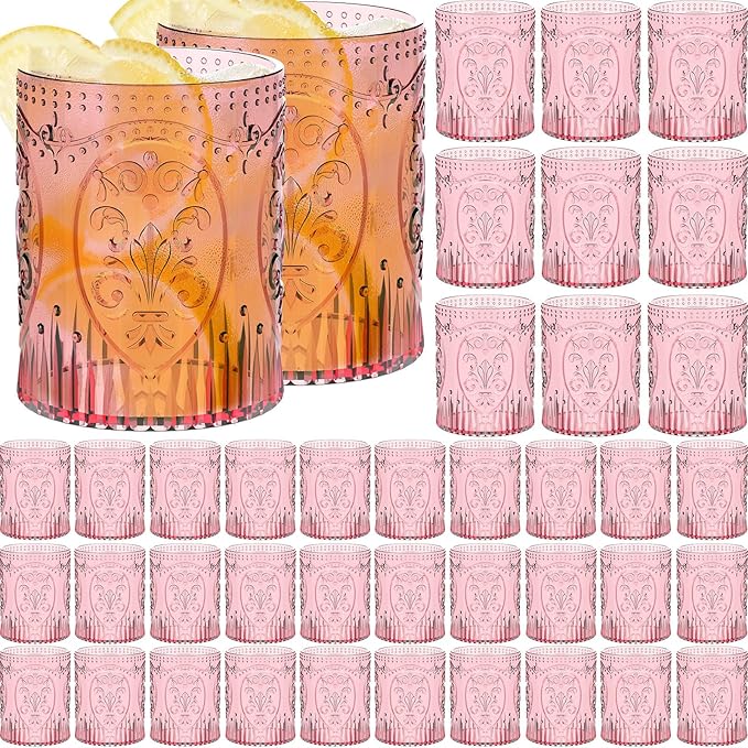 Qinyoung 48 Plastic Vintage Drinking Glasses 8.5oz Stemless Retro Embossed Wine Glasses Shatterproof Reusable Cups for Baby Shower Wedding Reception Grand Event Party (Pink)