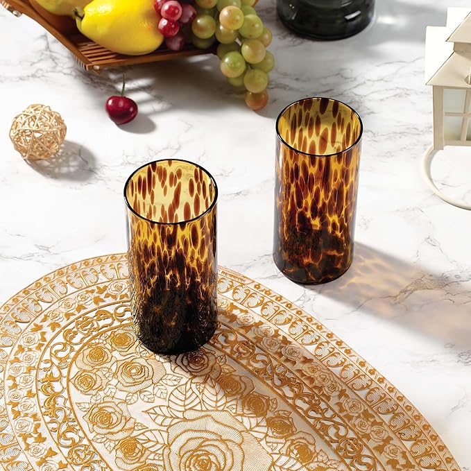 Joseph Sedgh Collection Tortoise Shell Highball Glass Set of 4 – 14.54 oz Borosilicate Cocktail & Water Glasses – Durable, Lead-Free, Dishwasher Safe – Elegant Gift Packaging