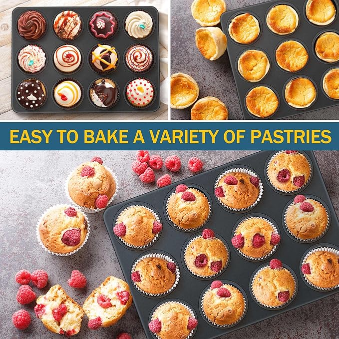 E-far Nonstick Muffin Pan 12 Cups Set of 2, Stainless Steel Muffin Tin Cupcake Pan Tray for Baking, Stainless Steel Core & Non Toxic, Easy Release & Easy Clean, Black