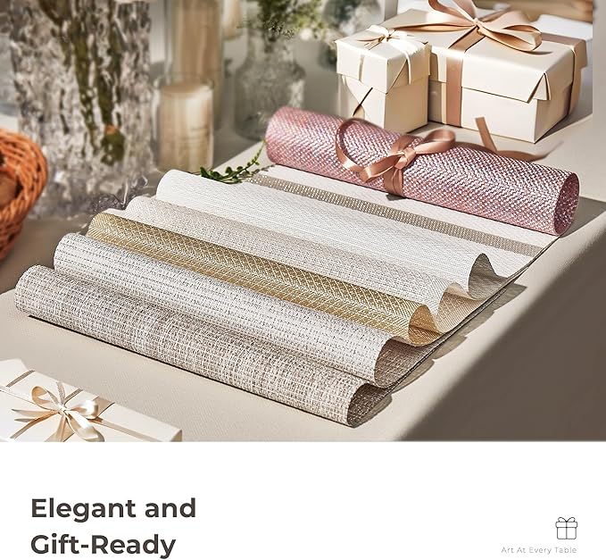 Leetaltree Luxury White and Silver Woven Placemats Set of 8 - Waterproof Washable Textured Table Mats for Wedding, Anniversary, Daily Use - Sparkling Metallic Thread Table Decor - Hand-Cut