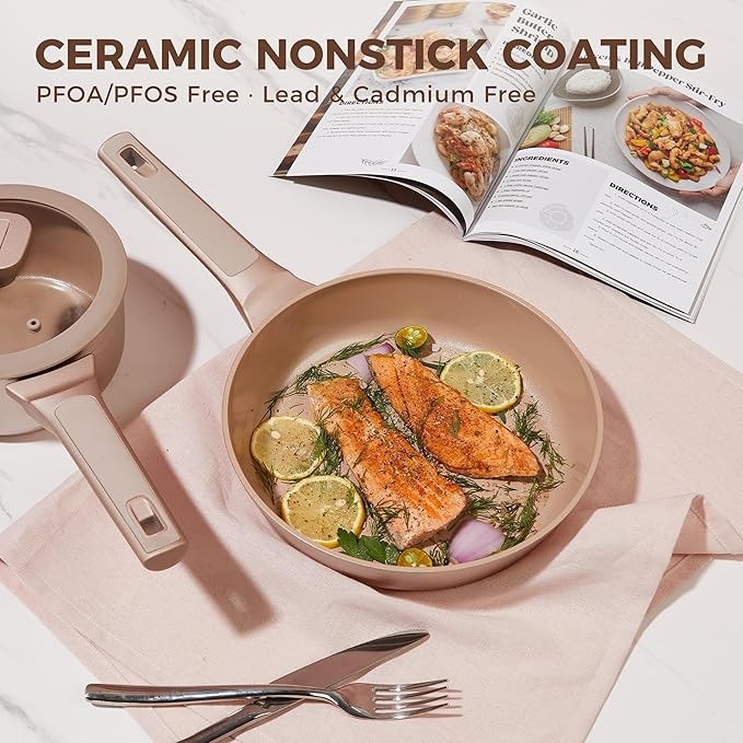 HONGBAKE Pots and Pans Set Nonstick, 26 Pcs All-in-One Kitchen Starter Set with Cookware, Bakeware & Silicone Utensils, Non Toxic Ceramic Coating, Induction & Oven Safe, PFOA PFOS Free, Gold