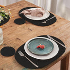Placemats Set of 6 Oval – Woven Boho Farmhouse Table Mats for Dining Table for 6, Kitchen Decor, Washable and Handmade Rustic Table Accessories (Oval Plus 6 Coasters, Black)