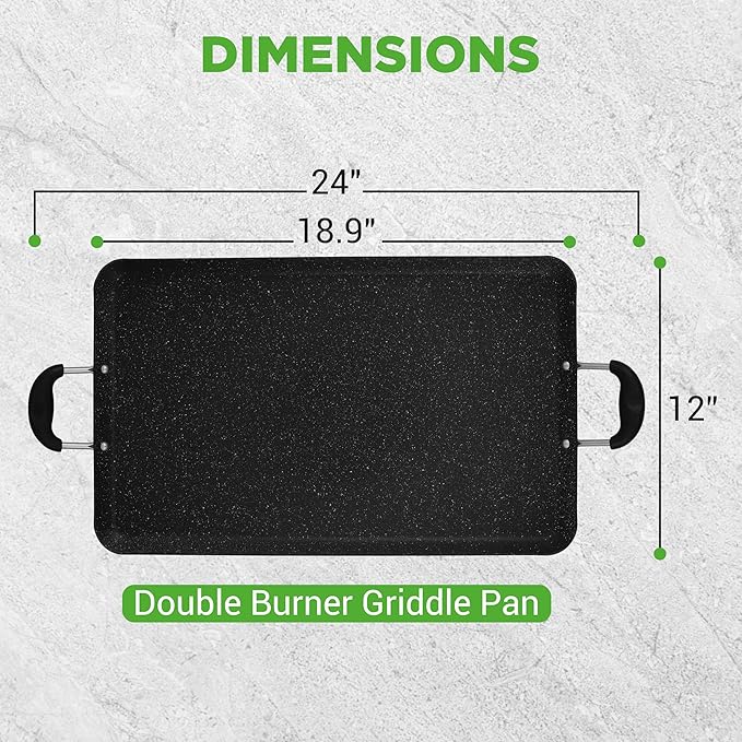 Nutrichef Double Burner Griddle, Non-Stick Stove Top Griddle for Gas Stove, Dishwasher Safe, Heatproof Bakelite Handles, Even Heat Distribution, PFOA & PFOS Free, 20” x 12” x 0.8” Inch (Black)