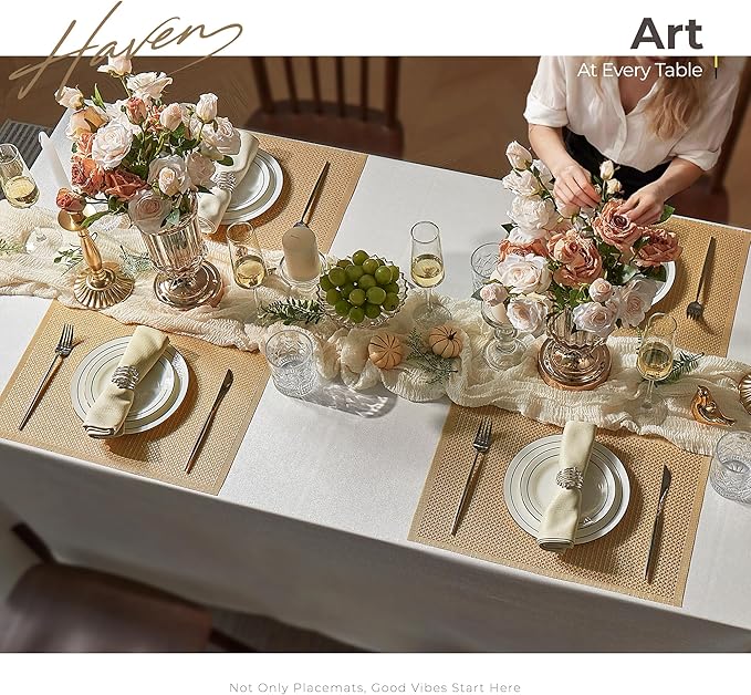 Leetaltree Luxury Gold Sequin Placemats Set of 12 - Waterproof Washable for Wedding, Anniversary, Daily Use - Sparkling Table Decor - Hand-Cut