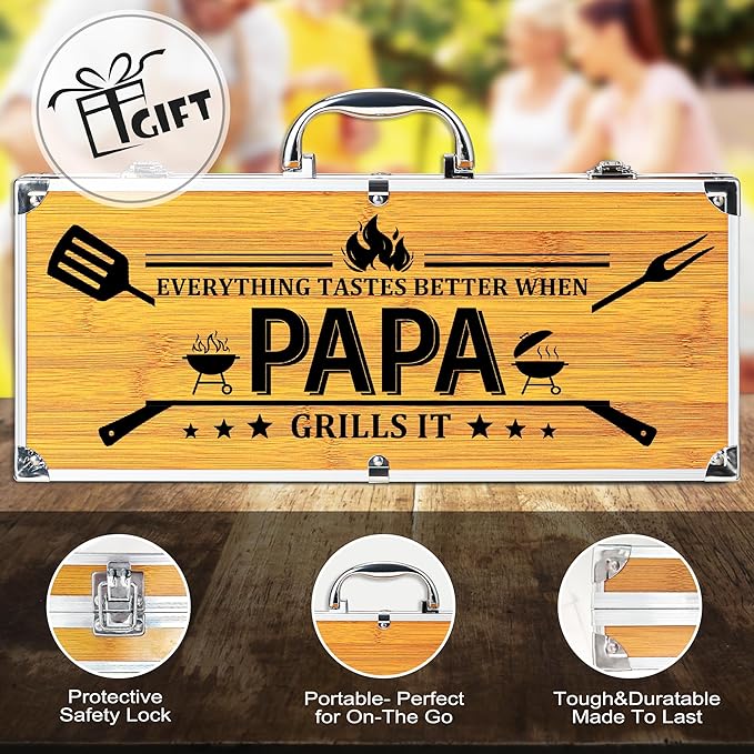 Papa Gifts from Grandkids, Papa Grilling Gift Heavy Duty Wooden BBQ Grilling Accessories Kit for Backyard, Thick Stainless Steel Grill Utensils with Non-Slip Handle Tools in Portable Bag on Christmas