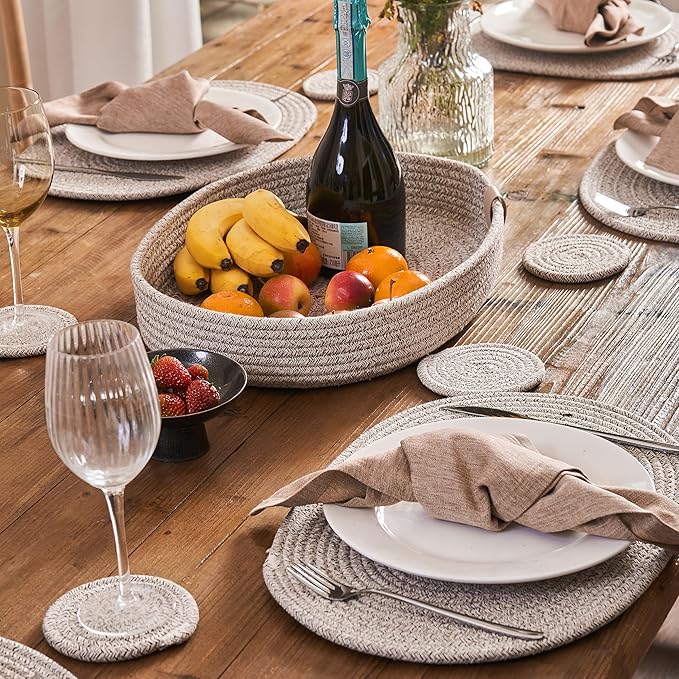 Placemats Set of 6 Oval – Woven Boho Farmhouse Table Mats for Dining Table for 6, Kitchen Decor, Washable and Handmade Rustic Table Accessories (Oval Plus, Taupe Mix)