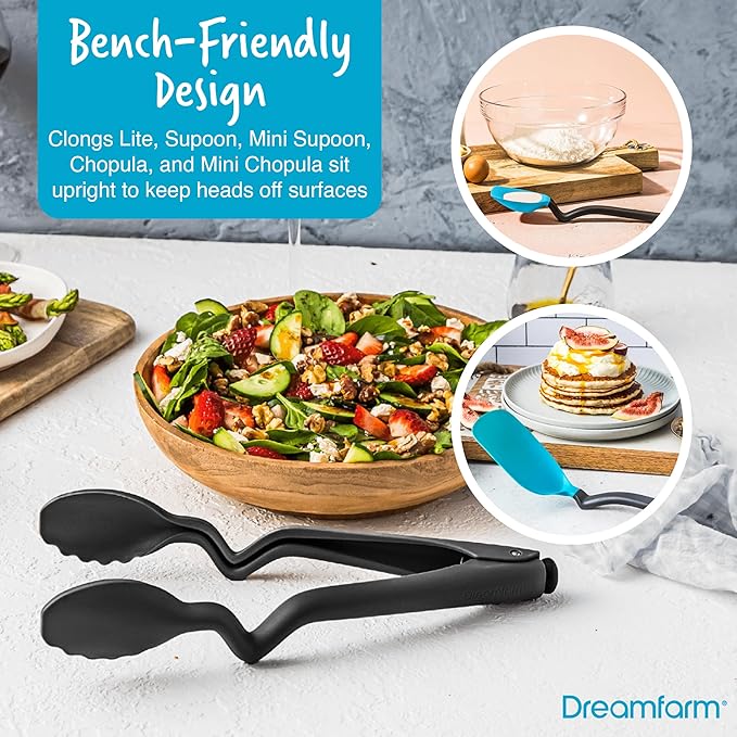 Dreamfarm Cooking Utensil Set (Dreamfarm Blue) – Tongs with Lock, Measuring Scraper Spoon, Jar Scraper, Multipurpose Spatula, Mini Turner – Non‑Stick Safe Nylon & Silicone Tools for Cooking & Baking