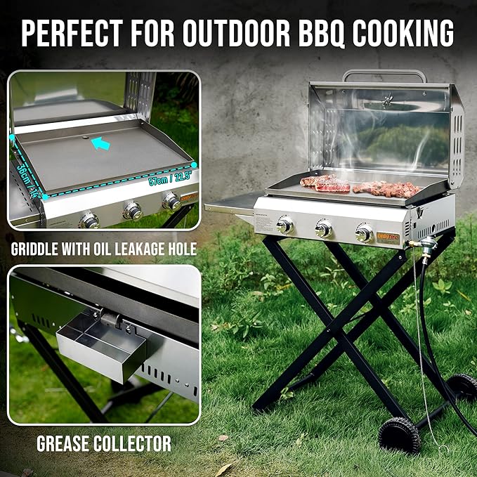 Portable Propane Gas Griddle 3-Burner with Foldable Cart & Side Table, Flat Top Gas Grill Griddle Stove with Lid, for Outdoor Cooking Patio Backyard Camping RV Tailgating Beach, GS310