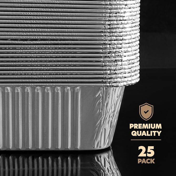 PLASTICPRO 25 Pack Aluminum Pans 8'' X 10" Disposable Pans with Covers Heavy Duty 5 lb Foil Pans for Baking and Cooking