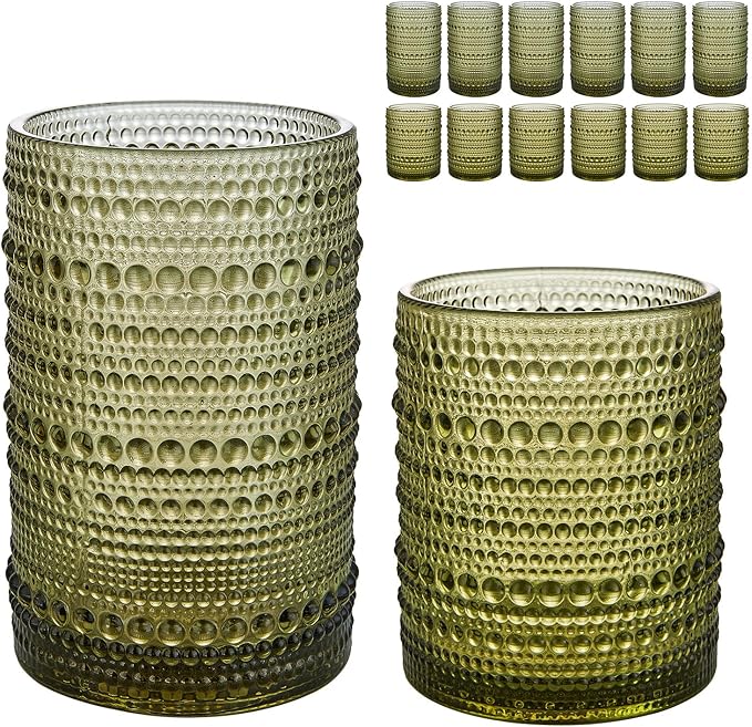 HomeVogue Vintage Hobnail Drinking Glasses Set of 12, 15 oz Highball Glasses & 12 oz Cocktail Glasses Set, Green Kitchen Water Glasses Cup, Bar Tumbler Glassware Set for Beer, Juice, Whiskey, Milk