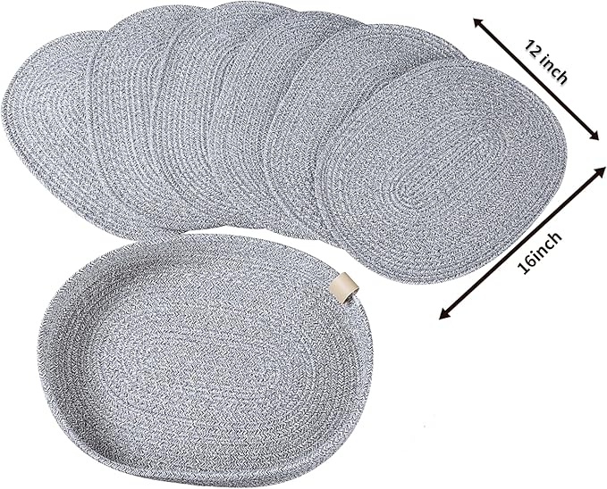 Placemats Set of 6 Oval – Woven Boho Farmhouse Table Mats for Dining Table for 6, Kitchen Decor, Washable and Handmade Rustic Table Accessories (Oval, Gray Mixed)