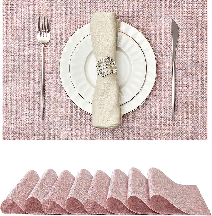 Leetaltree Luxury Pink Iridescent Placemats Set of 8 - Waterproof Washable for Wedding, Anniversary, Festive and Daily Use - Sparkling Table Mats Table Decor - Hand-Cut
