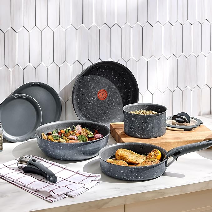 T-fal Ingenio Essentials Cookware Set with Detachable/Removable Handle 11 Piece, Granite Titanium Non Stick, Induction, Oven Broiler Safe 500F, Stackable, Pots and Pans Set, RV Camping, Fry Pans Gray