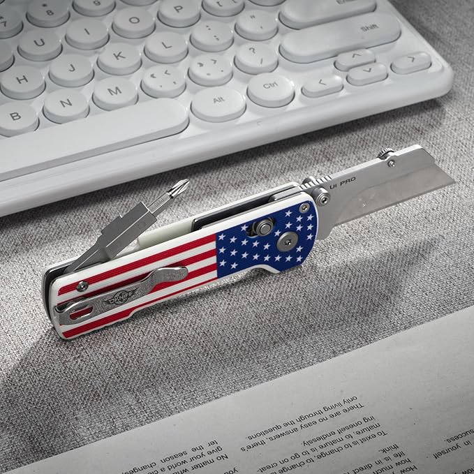 OKNIFE U1 Pro Multitool Folding Utility Knife with Folding Screwdriver, Quick Change Blade Utility Knife, Rail Lock & Pocket Clip for Men Women (Stars&Stripes)