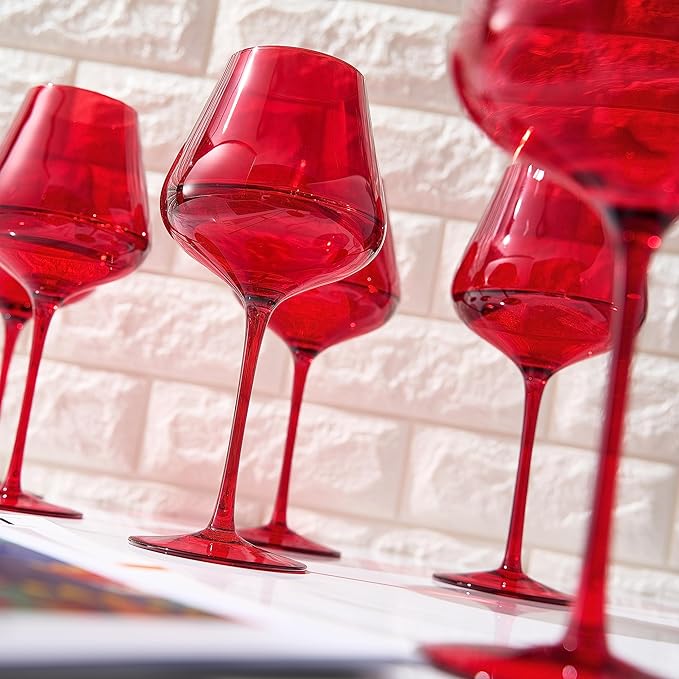 Red Ruby Crystal Wine Glasses Set of 6 | Elegant 20oz Tall Drinkware | Festive Holiday & Christmas Glassware for Hosting and Gifting | Sophisticated Italian-Inspired Barware for Wife, Mom, or Friend