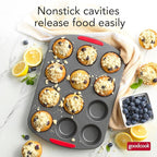 GoodCook MegaGrip 12-Cup Muffin Pan with Silicone Grip Handles Perfect for Cupcakes Durable Heavy-Gauge Steel Construction Scratch-Resistant Nonstick Coating, 15.5x10.5-Inch, Gray
