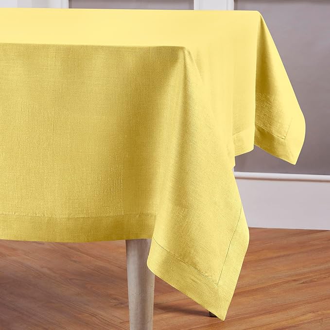 Solino Home Linen Tablecloth for Rectangle Tables 60 x 108 Inch - 100% Pure Linen Sunshine Yellow Table Cloth - Fete, Machine Washable Cloth Tablecloth