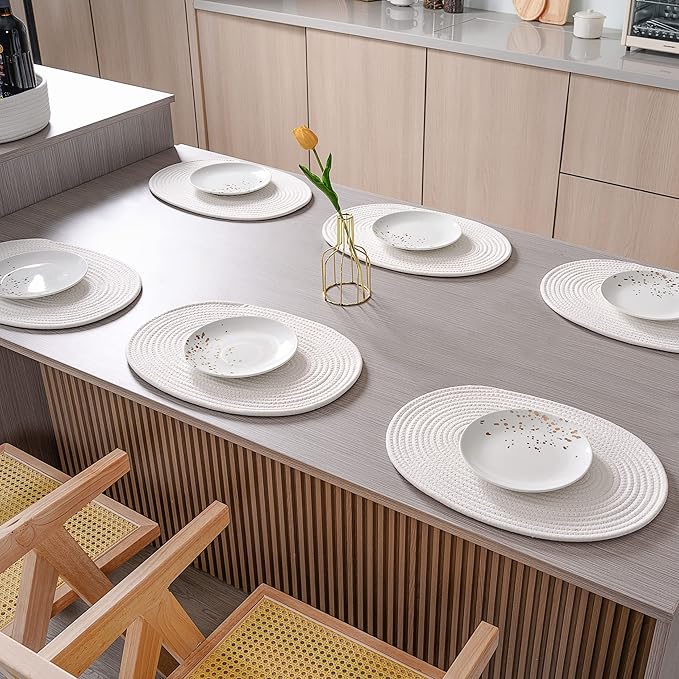 Placemats Set of 6 Oval – Woven Boho Farmhouse Table Mats for Dining Table for 6, Kitchen Decor, Washable and Handmade Rustic Table Accessories (Oval, Off White)