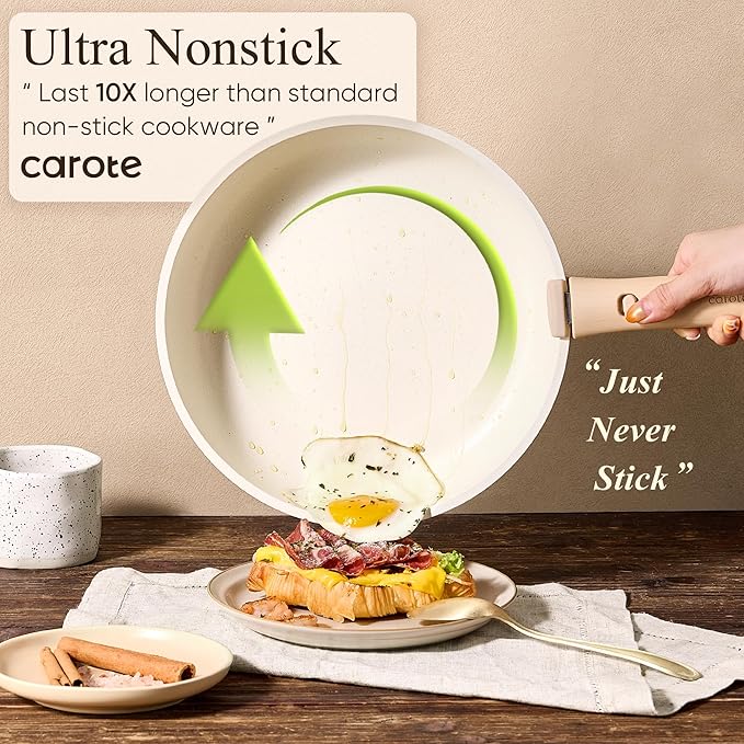 CAROTE Pots and Pans Set Non Stick, Cookware Sets, Kitchen Set, Oven/Dishwasher/Fridge Safe, Space Saving Pots Set, Nonstick Set with Versatile Detachable Handle, Induction RV Set, Cream