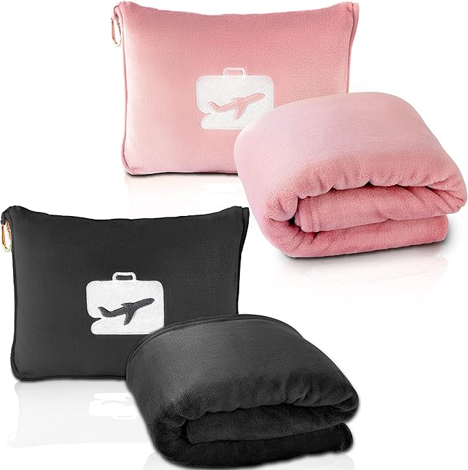 EverSnug Travel Blanket and Pillow Value Bundle – Compact & Lightweight | 2 in 1 Airplane Blanket with Soft Bag Pillowcase, Hand Luggage Sleeve and Backpack Clip | Color Includes Pink & Black
