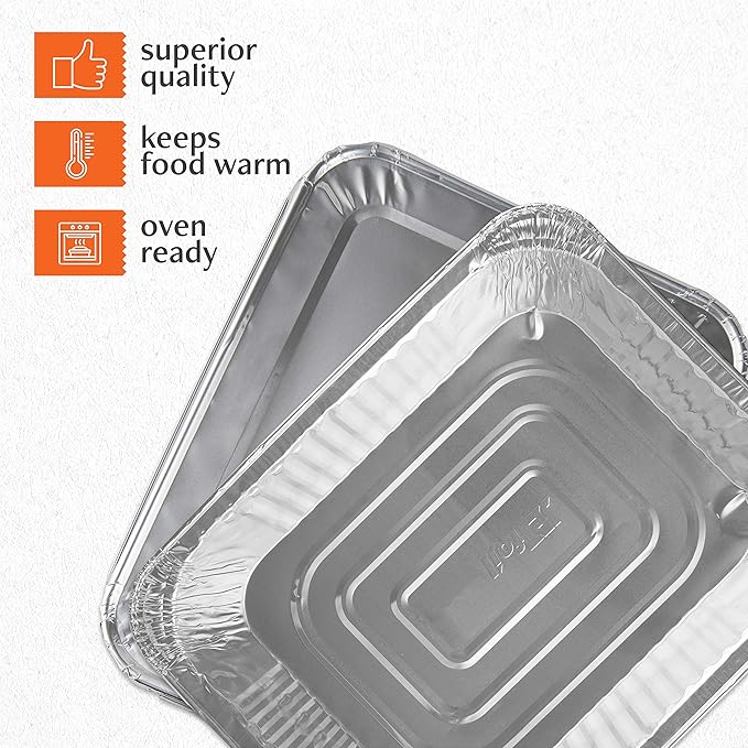PLASTICPRO Disposable 9 x 13 Aluminum Foil Pans With Lids Half Size Deep Steam Table Bakeware - Cookware Perfect for Baking Cakes, Bread, Meatloaf, Lasagna Pack of 50 Pans & 50 Lids