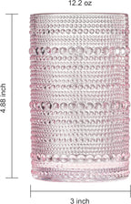 Khen Hobnail Beaded Highball Drinking Tumbler Glasses | Set of 6 | Pastel Pink, Vintage Bubble Whiskey Glassware, Embossed Cocktail, Water, Rocks Glass