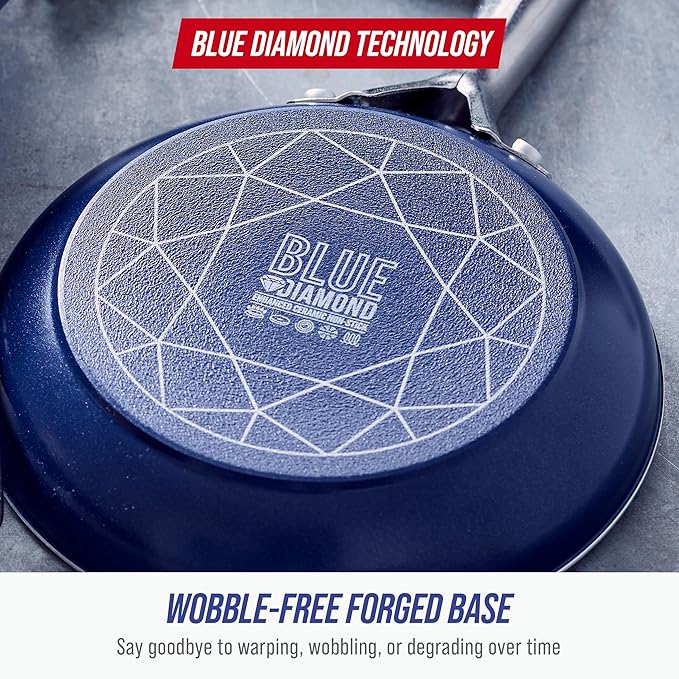 Blue Diamond 9.5” and 11" Frying Pan Skillet Set, Diamond Infused PFAS & PFOA-Free Ceramic Nonstick Pots & Pans, Durable Non Toxic Metal Utensil Safe & Scratch Resistant, Dishwasher & Oven Safe, Blue