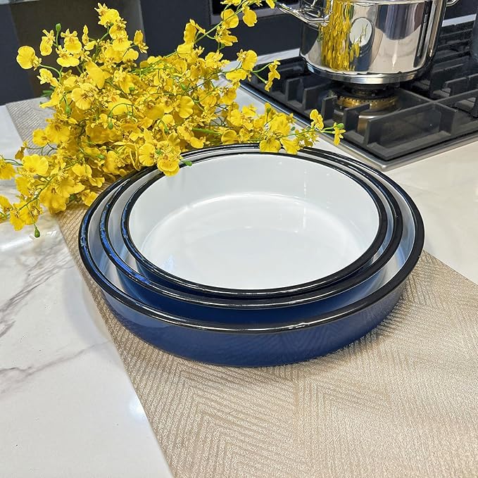 3-Pack Enamel Roasting & Baking Pan Set 10/12/14 Inch Round Deep Cake Pans for Turkey Pizza Casseroles Desserts Oven & Dishwasher High Temperature Resistance Baking Dishes Gifts for Mom Wife Christmas