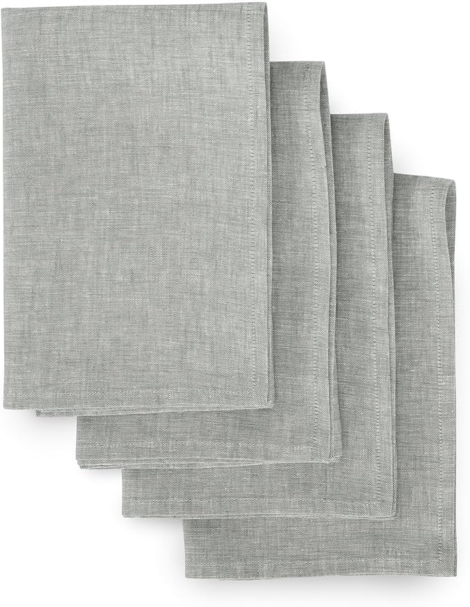 Solino Home Linen Cloth Napkins Set of 4-100% Pure Linen Chambray Grey Dinner Napkins 20 x 20 Inch - Athena, Handcrafted and Machine Washable