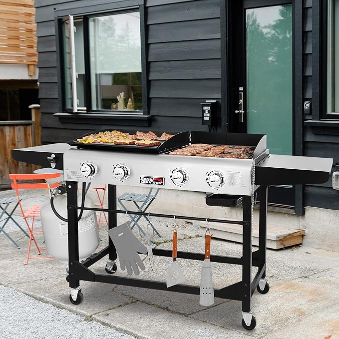 Royal Gourmet GD401 Portable Propane Gas Grill and Griddle Combo with Side Table | 4-Burner, Folding Legs,Versatile, Outdoor | Black 66 Inch