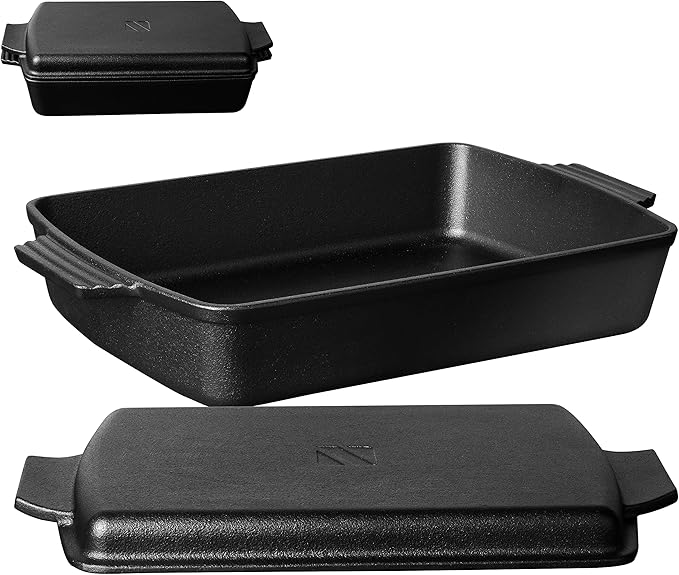 Northriver Casting 2-In-1 Pre Seasoned Cast Iron Dutch Oven With Skillet Lid,Casserole Dish,Rectangular Baking Pan,Griddle Pot Set, 6QT, 9"x13"