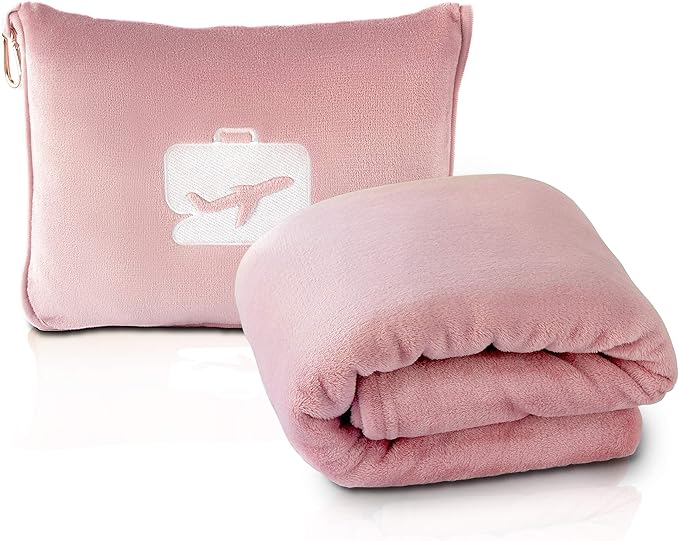 EverSnug Travel Friendly Blanket and Pillow Bundle – Airplane Travel Essentials with Soft Bag Pillowcase for Women & Kids | Color Includes Pink & Teal