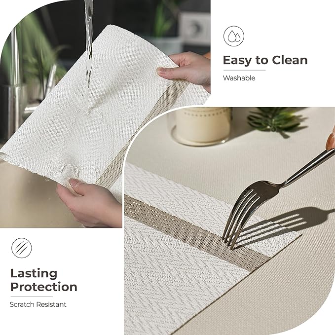 Leetaltree Luxury White Placemats with Gold Stripes Placemats Set of 4 - Waterproof Washable for Wedding, Anniversary, Daily Use - Sparkling Table Decor - Hand-Cut