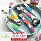 Spring Chef Stainless Steel Magnetic Measuring Spoons Set of 8 with Leveler, Nesting Metal Teaspoon & Tablespoon Measuring Spoons, Kitchen Gadgets for Baking & Cooking, Fits in Most Spice Jars - Neon