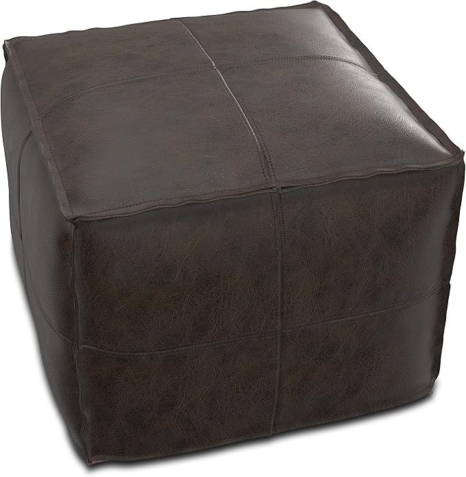 SIMPLIHOME Sheffield Square Pouf - 18 inch Wide Genuine Leather Ottoman in Distressed Dark Brown, Boho-Style Footrest, Extra Seating, or Accent Piece for Living Room or Bedroom, Assembled