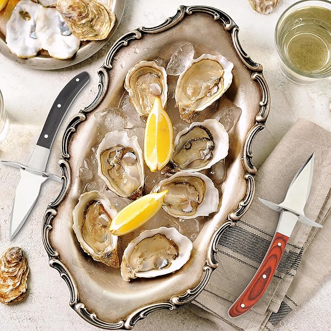 Oyster Shucking Knife Set of 2 with Cut Resistant Glove, Stainless Steel Oyster Opener Tool, Wood Handle Shellfish Shucker for Oysters Clams Scallops Mussels Seafood Tools