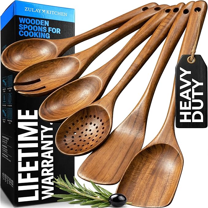 Zulay Kitchen 6 Piece Wooden Spoons for Cooking – Natural Teak Wooden Utensil Set, Easy to Clean, Durable, Smooth with Comfort Grip - Non Toxic Wooden Cooking Utensil Sets