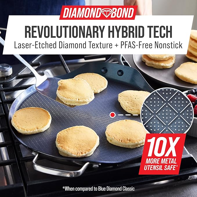 Blue Diamond Hybrid Nonstick Stainless Steel 12" Griddle Pan, XL Skillet, PFAS-Free Ceramic Diamond Bond Searing, Pancakes & Omelets, Dishwasher Safe, Stay-Cool Handle, Induction Ready, All Cooktops