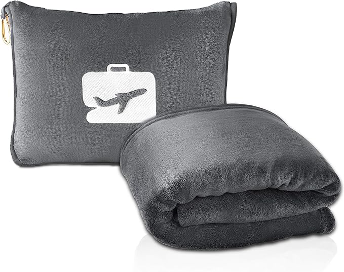 EverSnug Travel Friendly Blanket and Pillow Bundle – Airplane Travel Accessories with Soft Bag Pillowcase for Women & Kids, Hand Luggage Sleeve and Backpack Clip | Color Includes Navy Blue & Grey