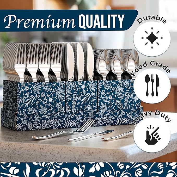 Exquisite Silver Plastic Silverware Heavy Duty 300 Pack - Utensil Caddy For Parties, Utensil Holder For Kitchen Counter 100 Each Plastic Spoons Forks & Knives Set Flatware Sets Disposable Silverware.