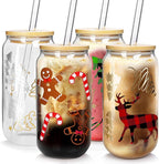 Christmas Cups, 18oz Christmas Iced Coffee Glass Cups with Lids and Straws White Elephant Gifts for Adults Colorful Xmas Tree Elk Tumbler Drinking Glasses Christmas Teacher Gifts for Women Men