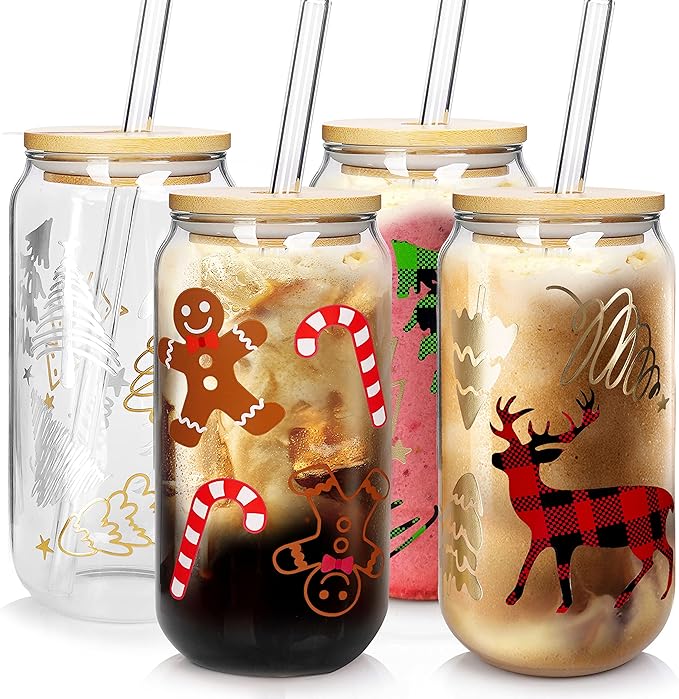 Christmas Cups, 18oz Christmas Iced Coffee Glass Cups with Lids and Straws White Elephant Gifts for Adults Colorful Xmas Tree Elk Tumbler Drinking Glasses Christmas Teacher Gifts for Women Men