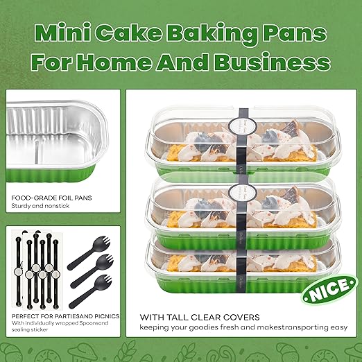 NPLUX 50 PACK Mini Cake Pans with Lids and Spoons, Rectangular Aluminum Foil Bread Pan, Mini Loaf Pans and Food Containers with Lids(Grass Green, 6.8oz)