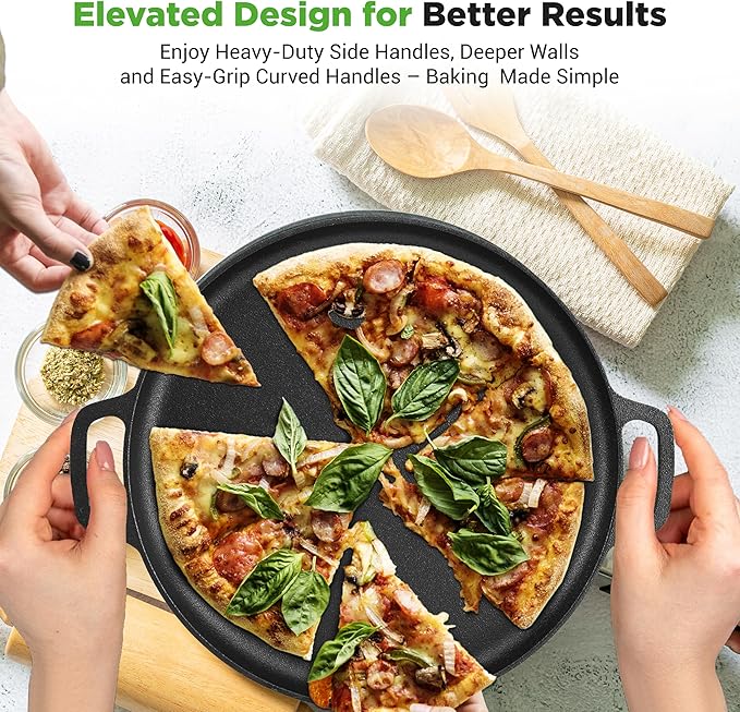 NutriChef 13-Inch Flat Cast Iron Pizza Pan - Versatile Pre-Seasoned Round Cooking Griddle w/ Built-In Handles for Oven, Grill, Stove, and Campfires