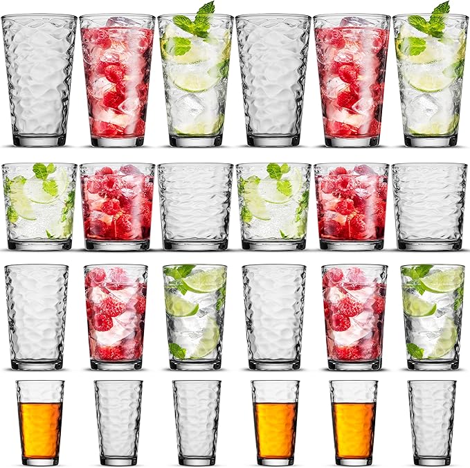 Biscayne Glassware Set, 24-Piece, Mixed Sizes with 16oz Cooler, 13oz DOF, 7 oz Juice and 3oz Shot Glasses - 6 Each Size = 24 Glasses