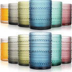KMIGRUAN Colored Hobnail Drinking Glasses Set of 12, 15oz&12oz Kitchen Vintage Glassware, Embossed Beaded Water Tumbler for Cocktail, Juice and Various Mixed Drinks Dishwasher-Safe